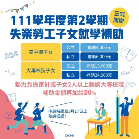 111學年度第2學期失業勞工子女就學補助正式開辦